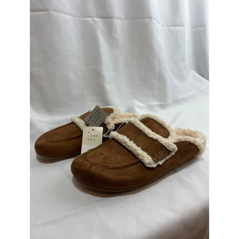 A New Day Womens Faux Suede Shearling Trim Mule Slippers Cognac Brown Size 10